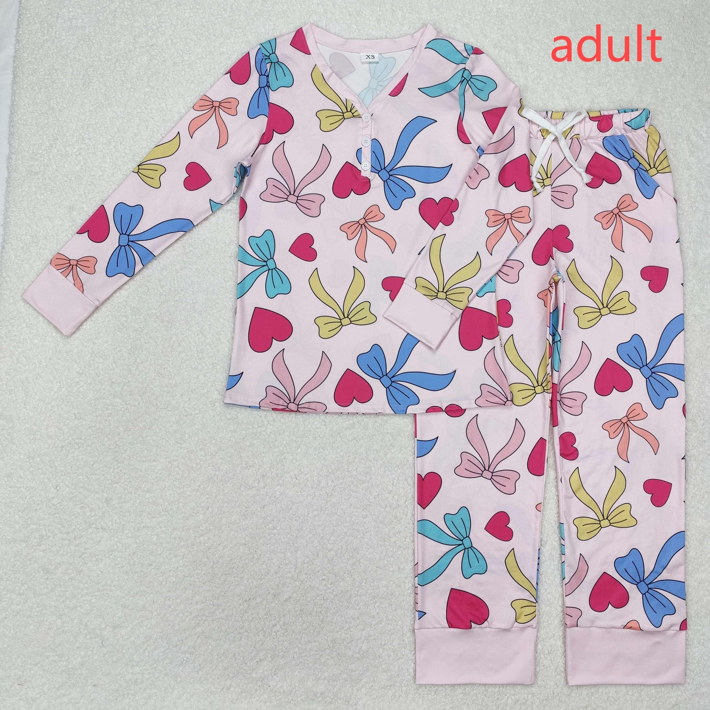 RTS NO MOQ(In Stock) GLP2275 Adult female Valentine's Day love color bow pattern pink long sleeve long pants pajama set