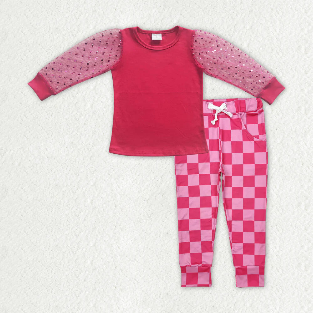 RTS NO MOQ Baby Girls' Dark Pink Top and Checkered Pants Set, Clothes Sets, Valentines