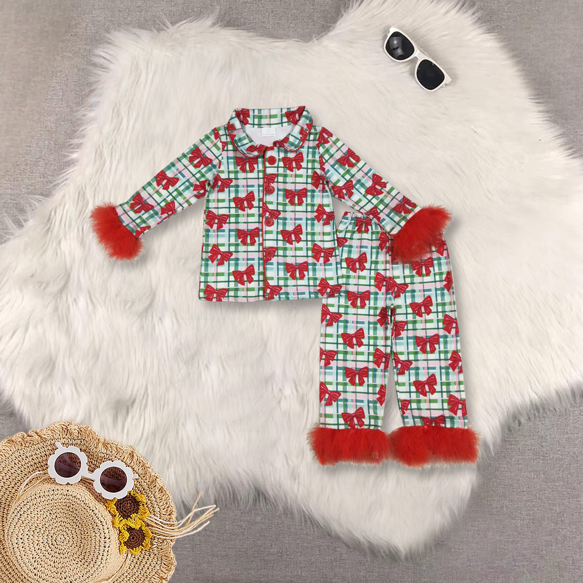 RTS NO MOQ Sibling Baby Girls clothes Christmas Plush Button Long Sleeve Long Pants Pajama Sets