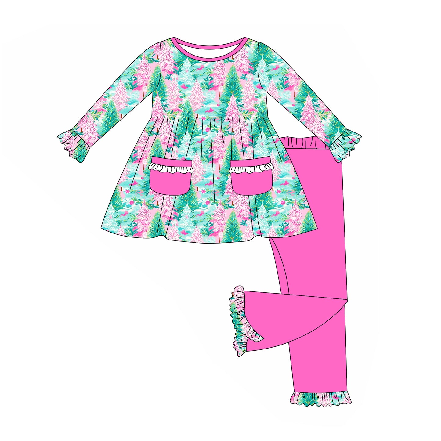 NO MOQ sales GLP2388 Pre-order baby girls clothes Christmas trees long sleeve pants sets-2025.5.22