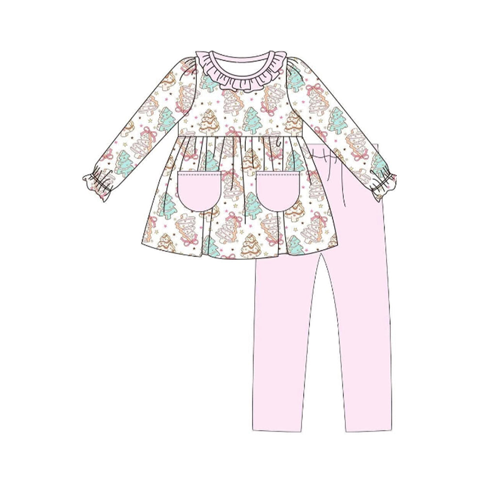 NO MOQ sales GLP2497 Pre-order baby girls clothes Christms trees pink long sleeve pants sets-2025.6.12