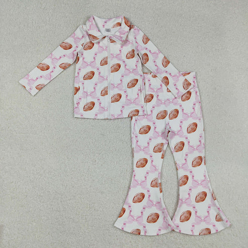 RTS NO MOQ Baby Girls Pink Bow Footballs Pockets Zipper Top Bell Bottom Pants Yoga Sets Comfortable Cotton Outfit for Kids