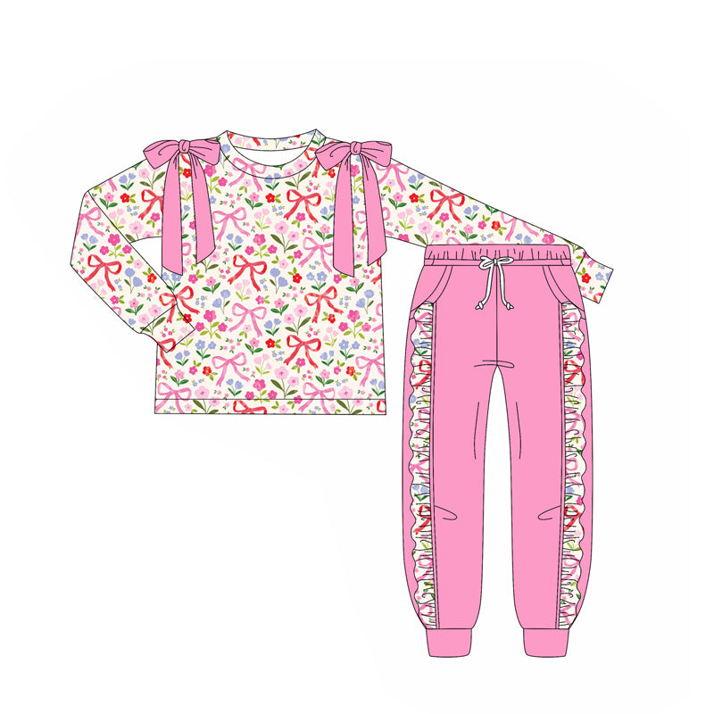 (Pre Order) No moq GLP2552 Pre-order baby girls clothes bow floral pink long sleeve pants sets-2025.7.3