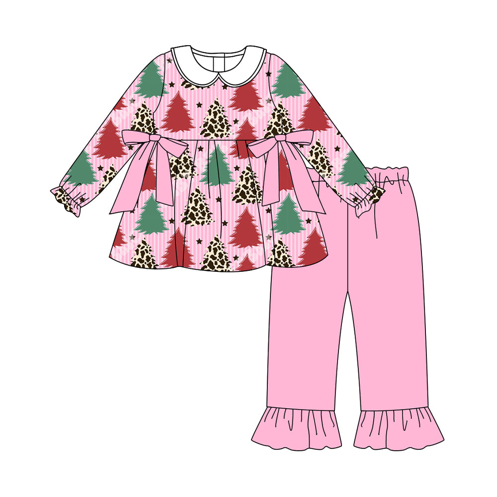 (Pre Order) No moq GLP2653 Pre-order baby girls clothes Christmas trees long sleeve pants sets-2025.7.30