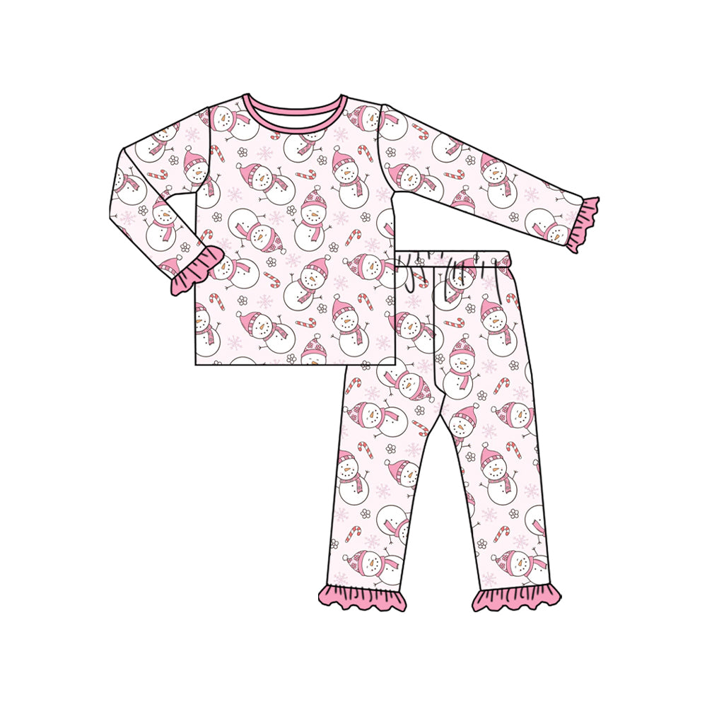 (Pre Order) No moq GLP2719 Pre-order baby girls clothes snowman pink long sleeve pants sets-2025.8.16