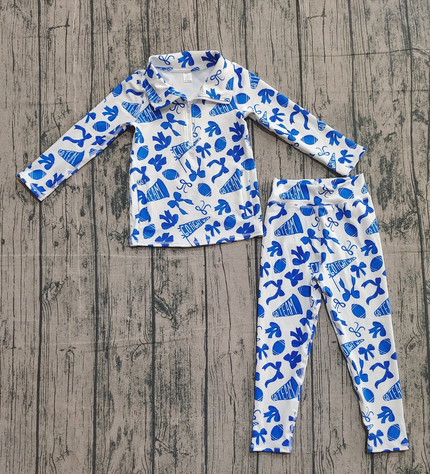 (Pre Order) No moq GLP2761 pre-order baby girls clothes rugby bow blue yoga long sleeve pants sets-2025.10.1