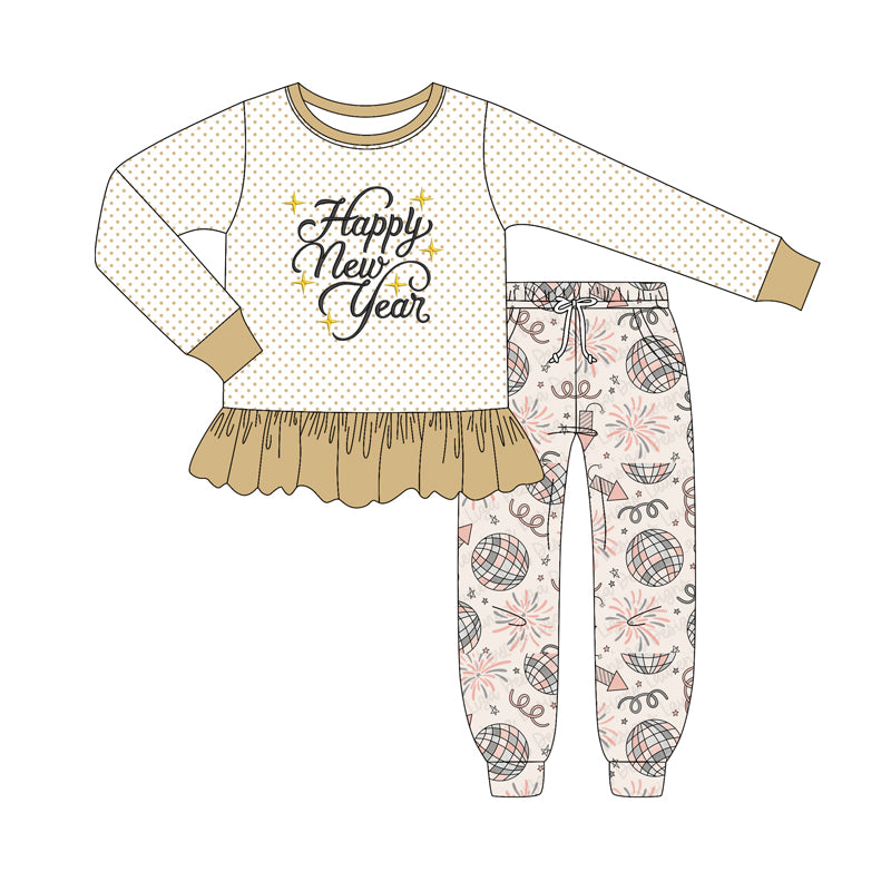 (Pre Order) No moq GLP2780 pre-order baby girls clothes Happy New Year long sleeve pants sets-2025.8.29