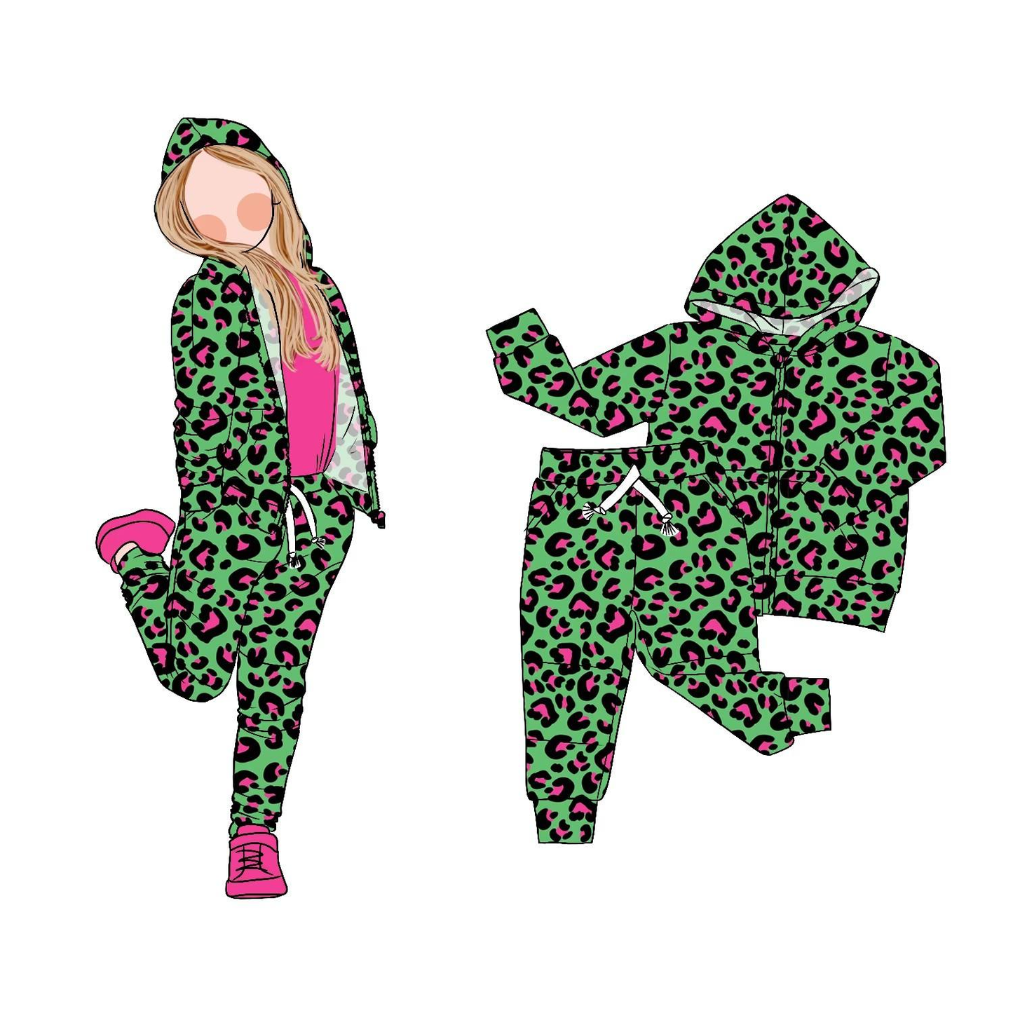 (Pre Order) No moq GLP2792 pre-order baby girls clothes leopard green hooded long sleeve pants sets-2025.9.3