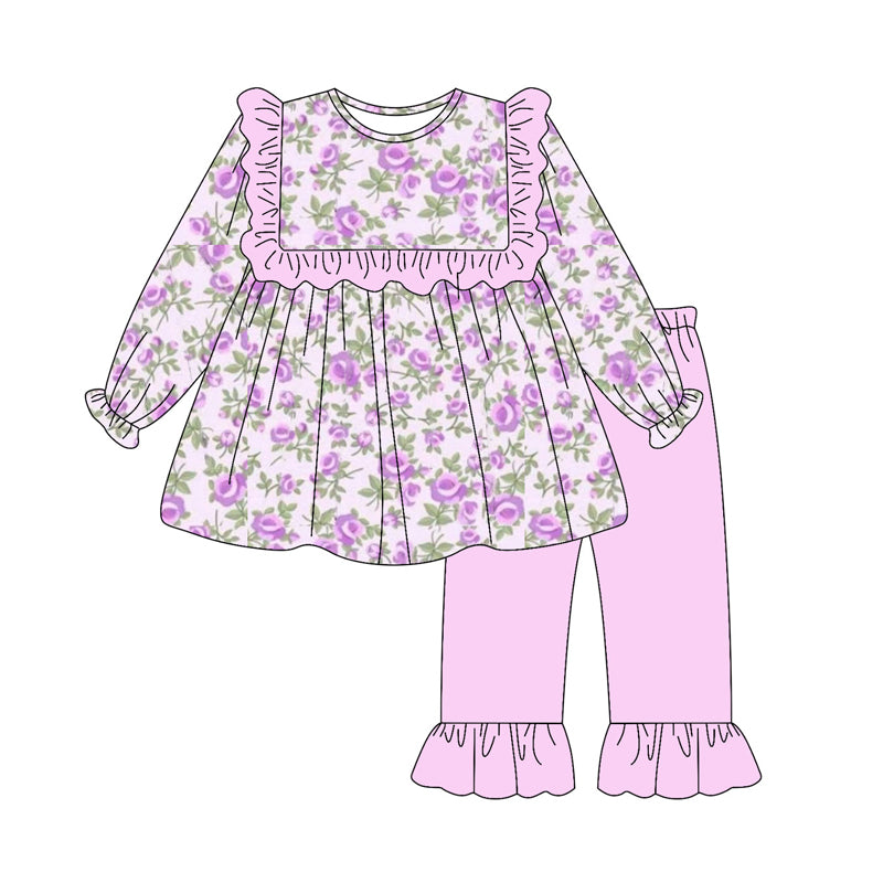 (Pre Order) No moq GLP2795 pre-order baby girls clothes floral purple long sleeve pants sets-2025.9.3
