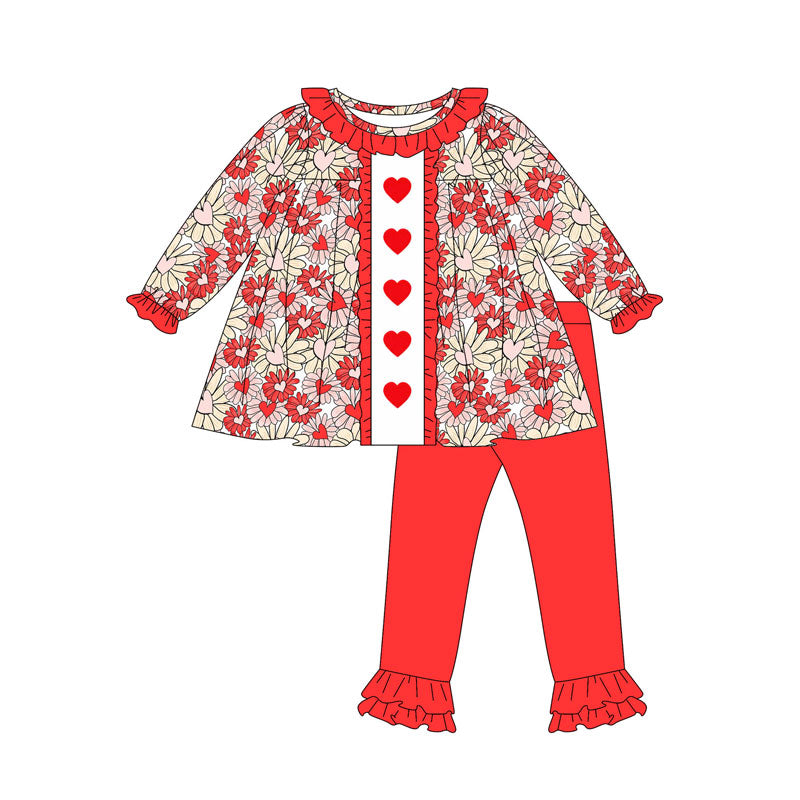 (Pre Order) No moq GLP2847 Pre-order baby girl clothes floral love red long sleeve pants sets-2025.9.10