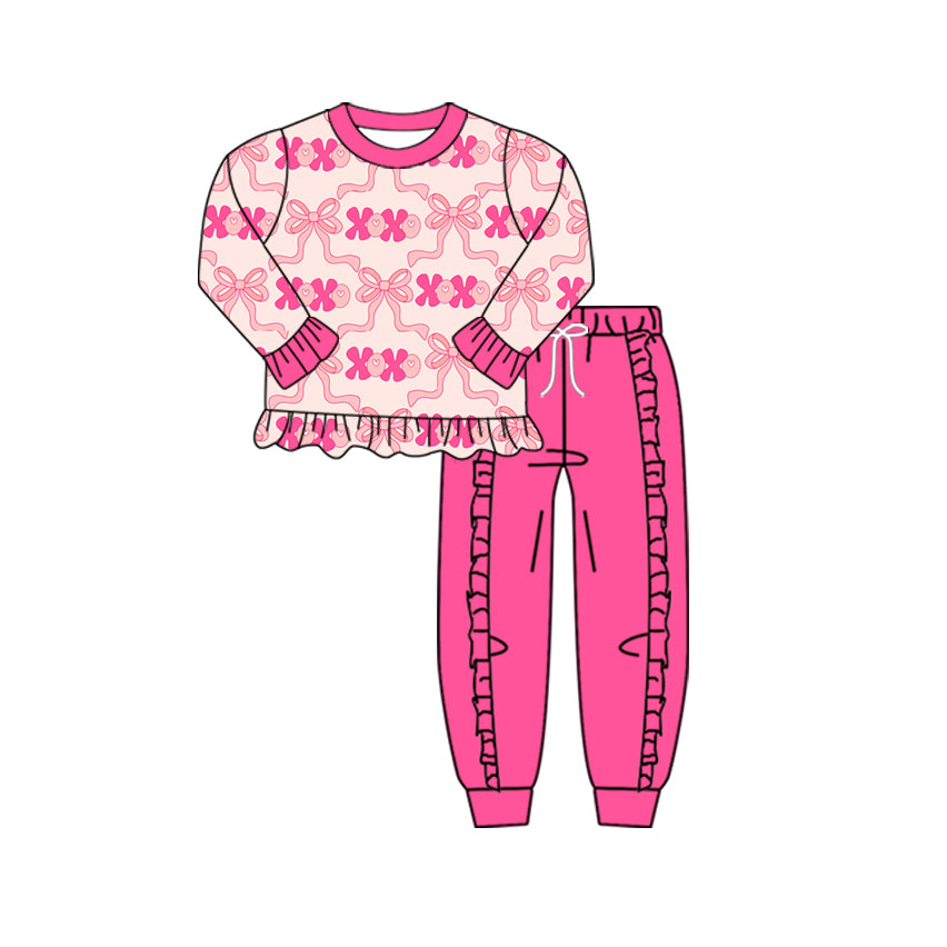 (Pre Order) No moq GLP2892 Pre-order baby girl clothes xoxo love bow long sleeve pants sets-2025.9.19
