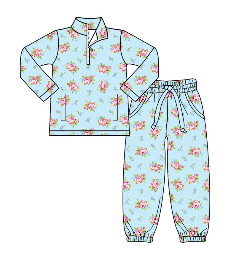 (Pre Order) No moq GLP2939 Pre-order baby girl clothes yoga floral blue long sleeve pants sets-2025.9.30