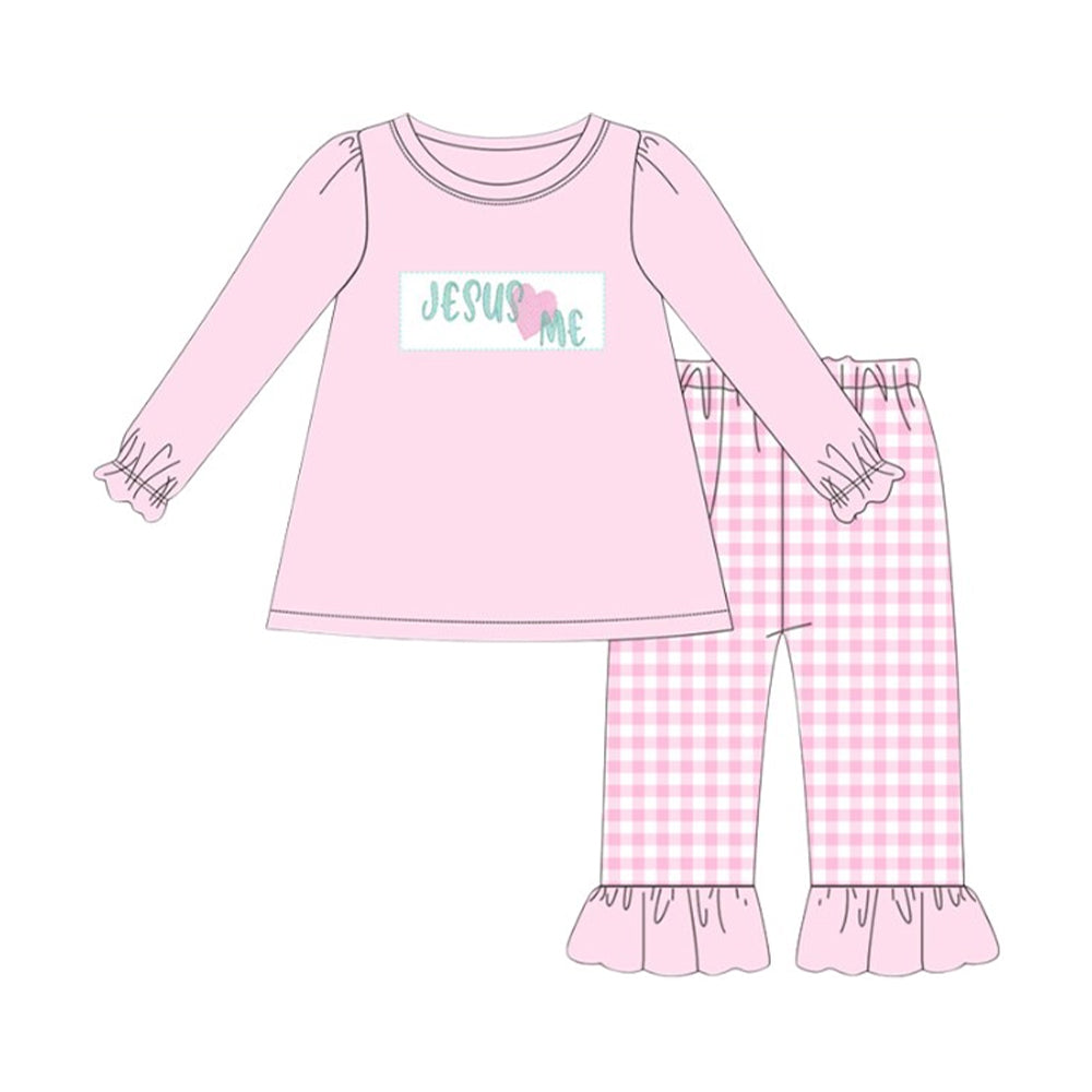 (Pre Order) No moq GLP2973 Pre-order baby girl clothes JESUS LOVE ME long sleeve pants sets-2025.10.4