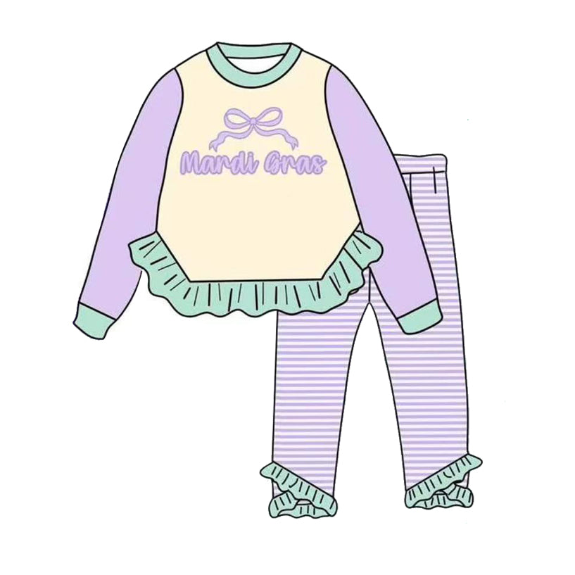 (Pre Order) No moq GLP2978 Pre-order baby girl clothes mardi gras bow long sleeve pants sets-2025.10.9