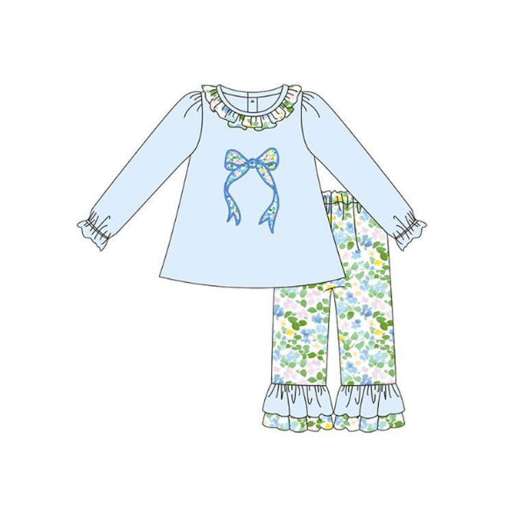 (Pre Order) No moq GLP3018 Pre-order baby girl clothes bow blue long sleeve pants sets-2025.10.15