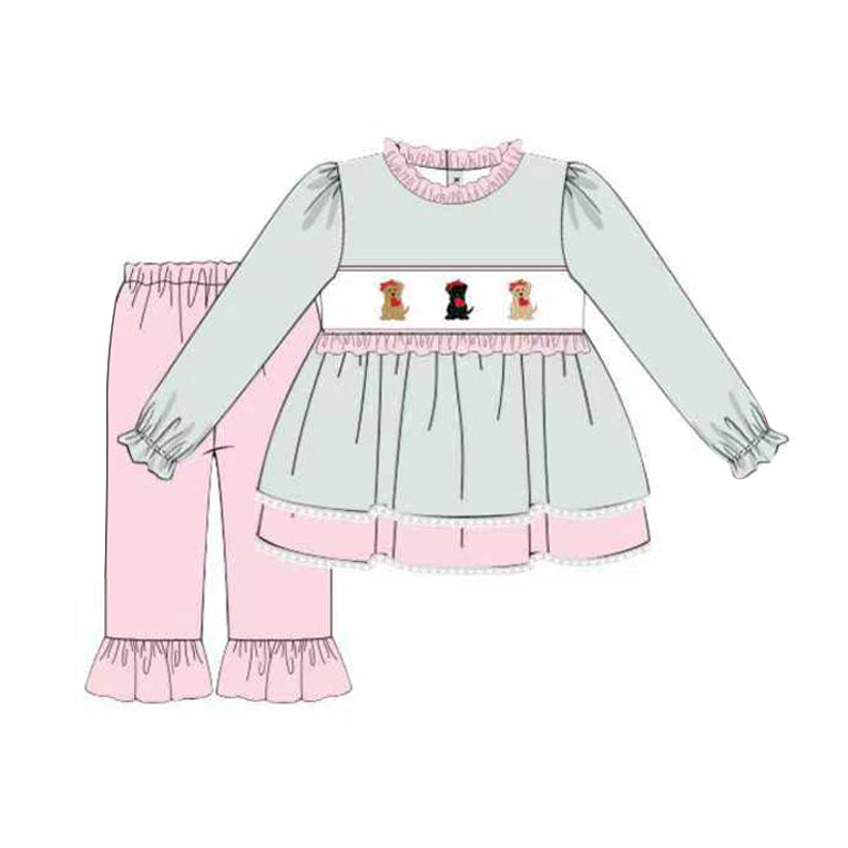 (Pre Order) No moq GLP3103 Pre-order baby girl clothes puppy love long sleeve pants sets-2025.11.1