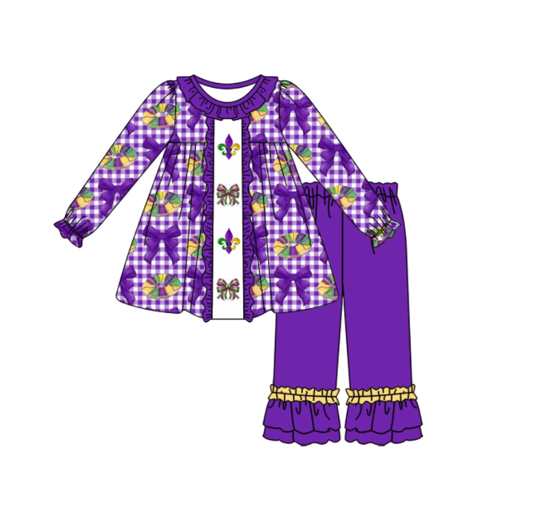 (Pre Order) No moq GLP3134 Pre-order baby girl clothes mardi gras bow purple long sleeve pants sets-2025.11.7