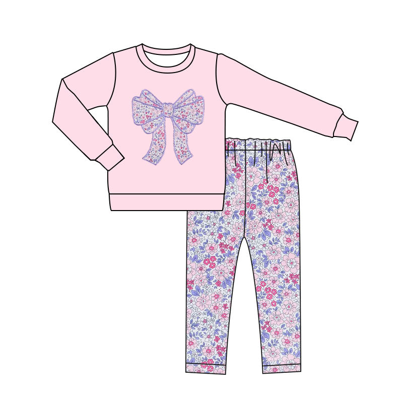 (Pre Order) No moq GLP3136 Pre-order baby girl clothes bow floral pink long sleeve pants sets-2025.11.8