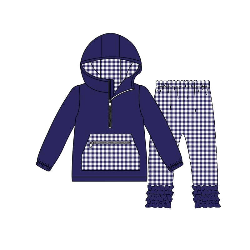 (Pre Order) No moq GLP3212 Pre-order baby girl clothe navy blue hooded long sleeve pants sets-2025.11.25