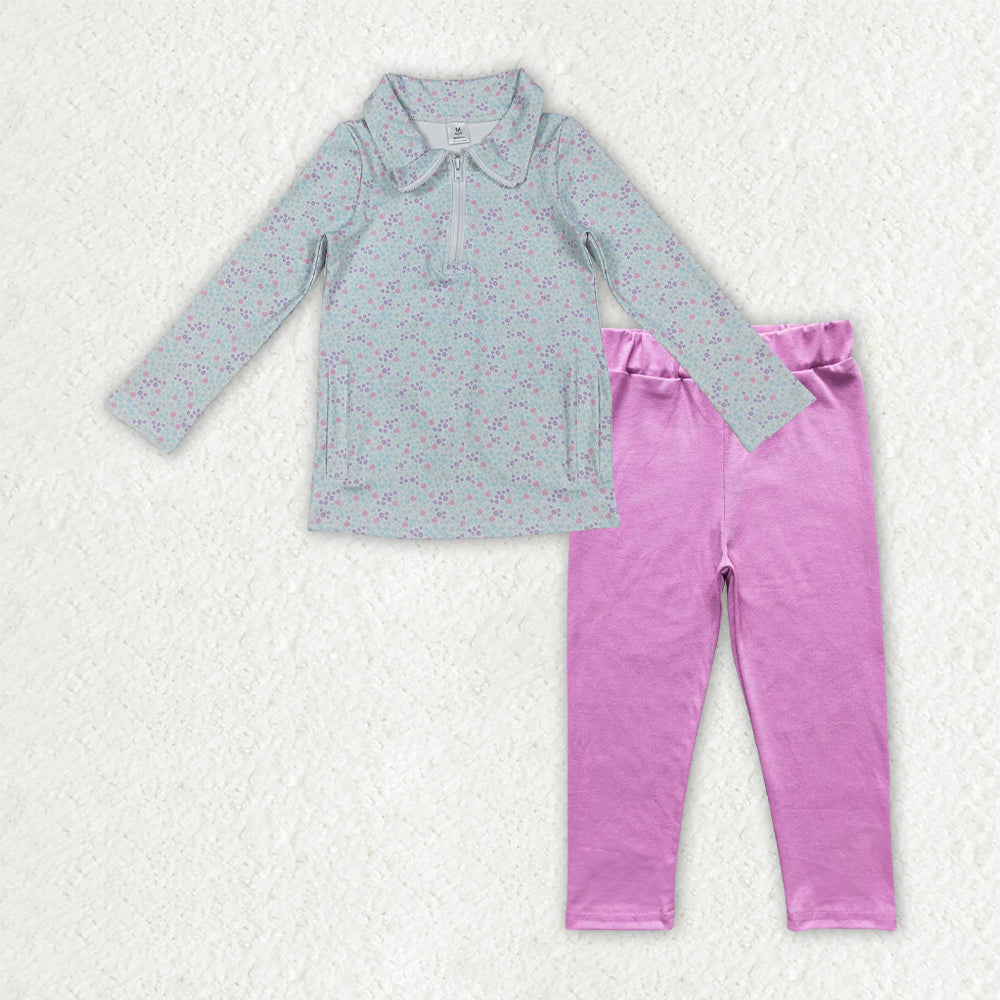 RTS NO MOQ(In Stock) Pink long-sleeved zip-up yoga top with floral, leaf, and bow pattern Pants set