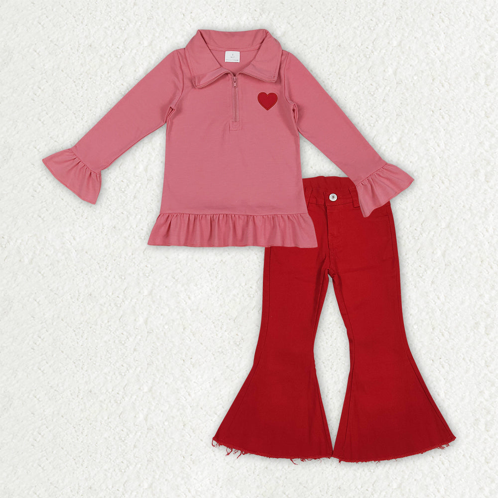 RTS NO MOQ(In Stock) Embroidered Red Heart Pink Lace Zipper Long-Sleeved Top Jeans set-GLP3265