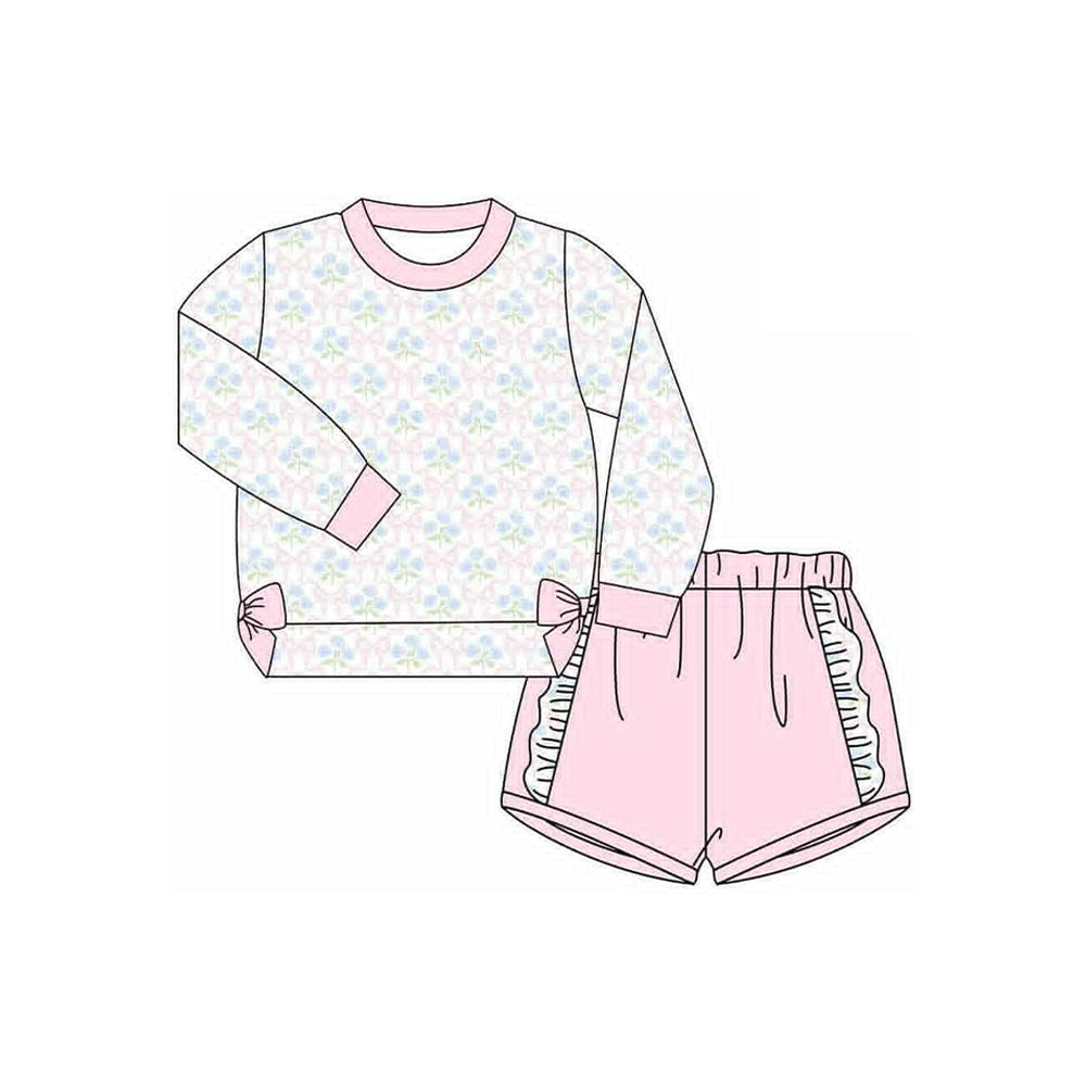 (Pre Order) No moq GLS0014 PRE-ORDER baby girl clothes bow floral pink long sleeve shorts sets-2025.9.6