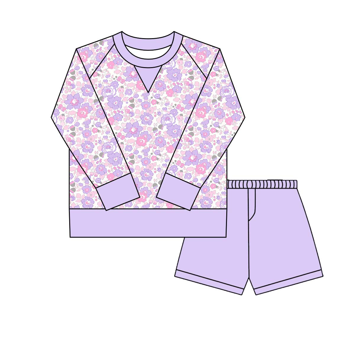 (Pre Order) No moq GLS0024 PRE-ORDER baby girl clothes yoga floral purple long sleeve shorts sets-2025.9.30
