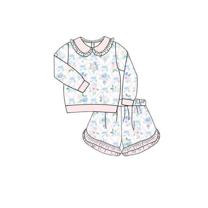 (Pre Order) No moq GLS0036 PRE-ORDER baby girl clothes floral bow long sleeve shorts sets-2025.10.13