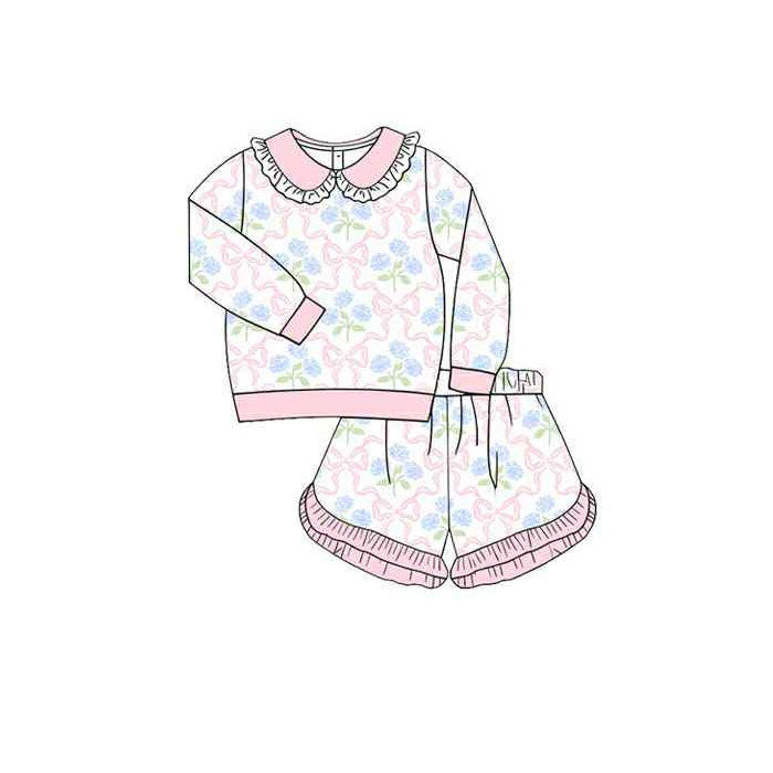 (Pre Order) No moq GLS0037 PRE-ORDER baby girl clothes bow floral long sleeve shorts sets-2025.10.13