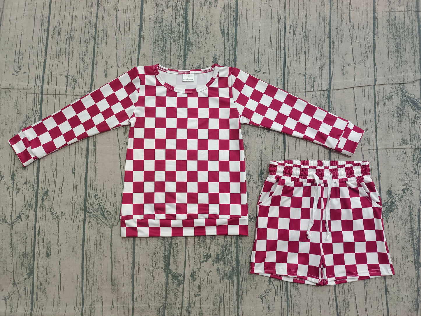 (Pre Order) No moq GLS0053 PRE-ORDER baby girl clothes dark red plaid long sleeve shorts sets-2025.12.5