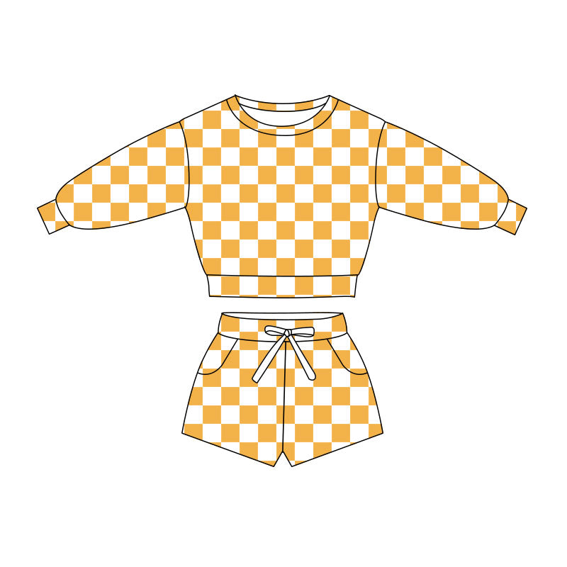 (Pre Order) No moq GLS0057 PRE-ORDER baby girl clothes yellow plaid long sleeve shorts sets-2025.10.30