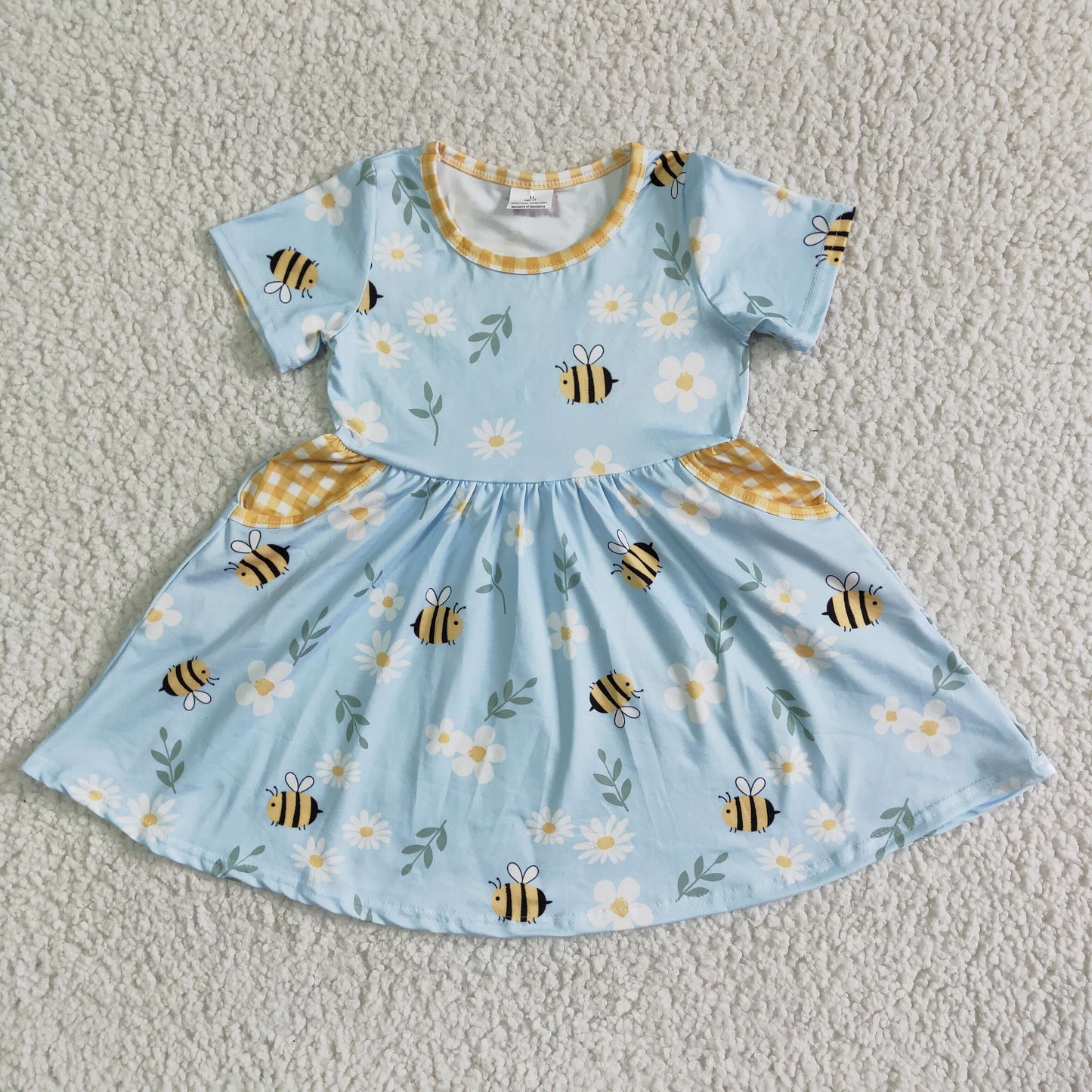 RTS NO MOQ GSD0021 Blue Bee Floral Pocket Short Sleeve Dress