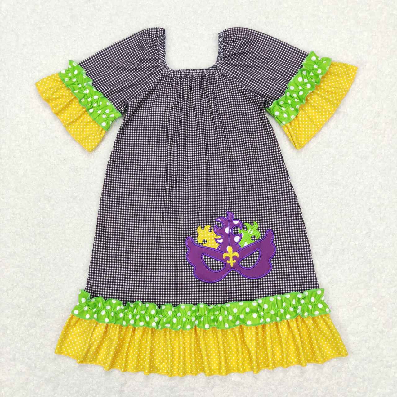 RTS NO MOQ Sibling baby girl clothes embroidered carnival mask purple and white plaid short-sleeved dresses