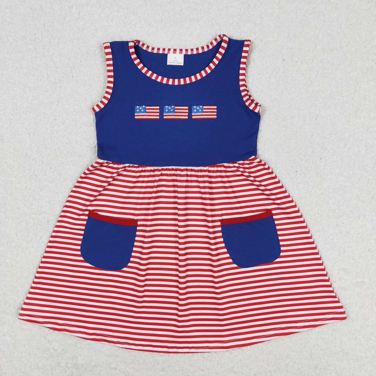 RTS NO MOQ(In Stock) Embroidered flag red and white striped navy blue pocket sleeveless dress