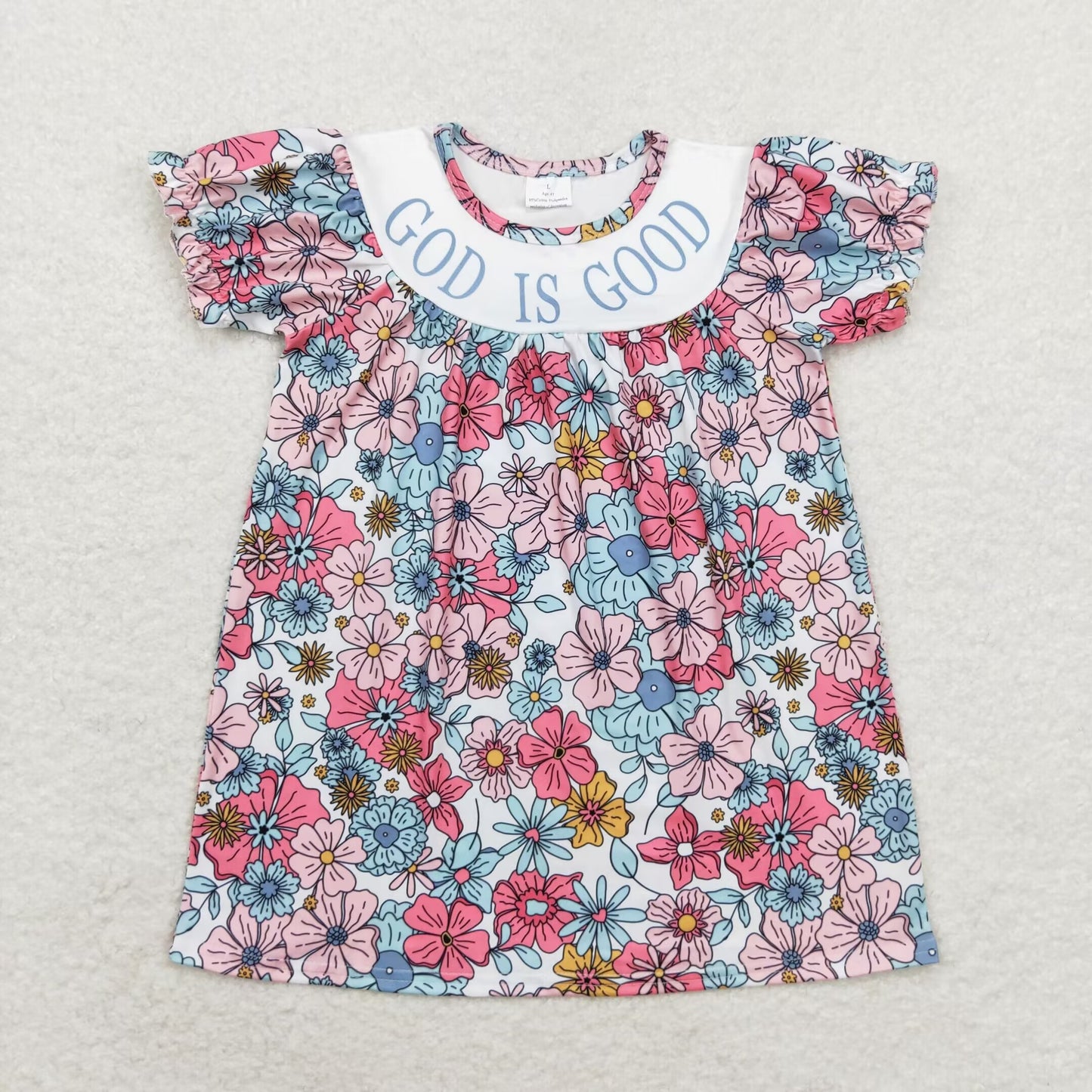 RTS NO MOQ(In Stock) god is good Flower Beige Short Sleeve Dress