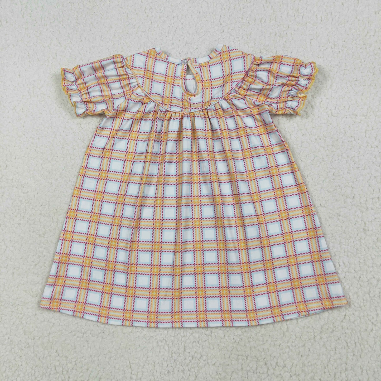 RTS NO MOQ(In Stock)GSD2276 smocked embroidered farm animals red house orange plaid short sleeve dress