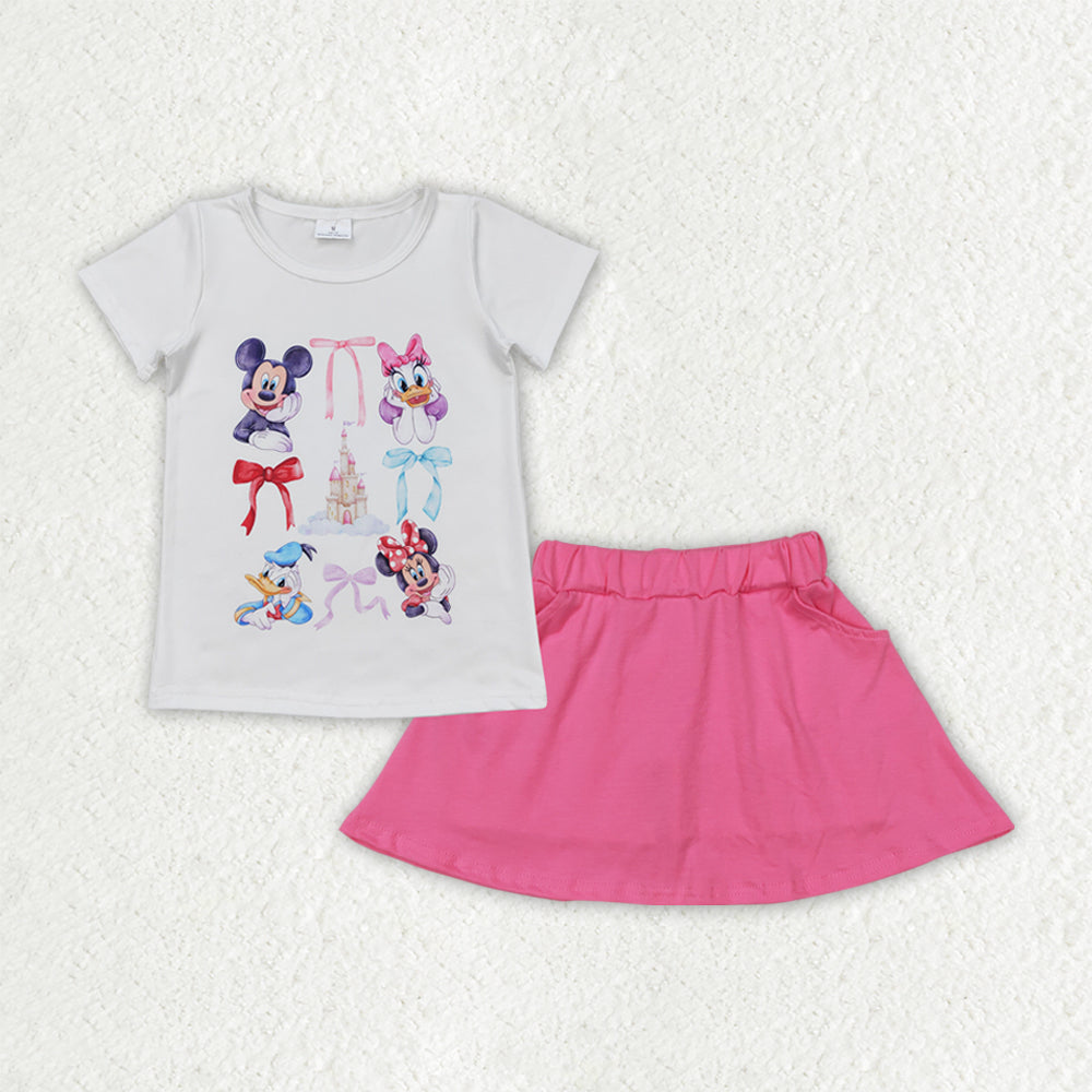 RTS NO MOQ GSD2444 baby girl clothes short sleeve top pink skirts shorts sets
