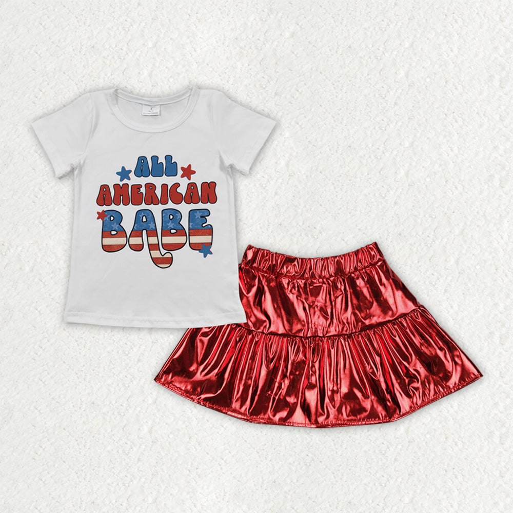 RTS NO MOQ GT0179+GLK0041 Girls' National Day BABE white short-sleeved top Shiny leather red pants skirt sets
