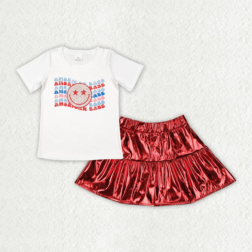 RTS NO MOQ GT0502+GLK0041 American Babe Leopard Print Smiley Face White Short Sleeve Top Shiny leather red pants skirt sets
