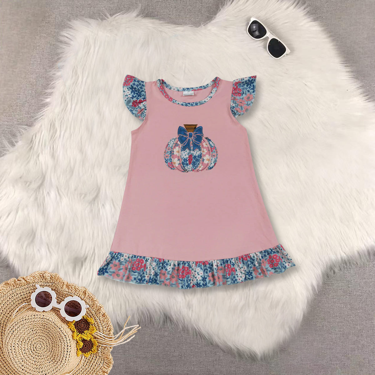 RTS NO MOQ Sibling baby Girls clothes halloween embroidery pumpkin short sleeve pants Sets dress romper