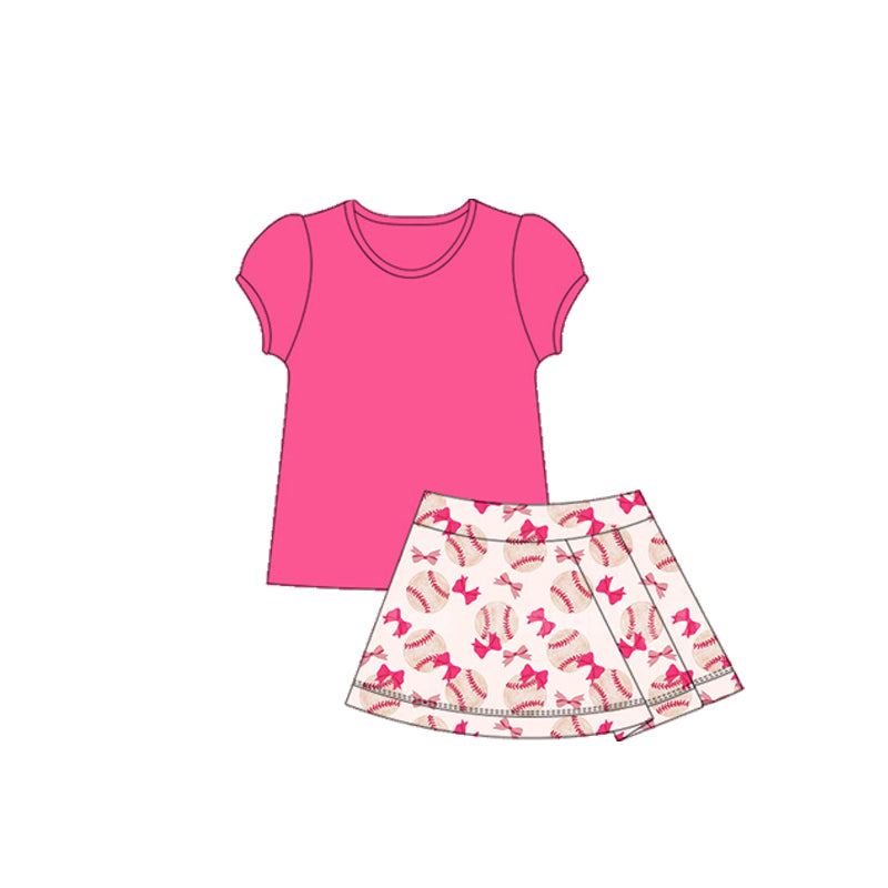 no moq GSD2621 PRE-ORDER baby girl clothes yoga Hot pink top baseball bows skirt girls activewear set-2025.5.27
