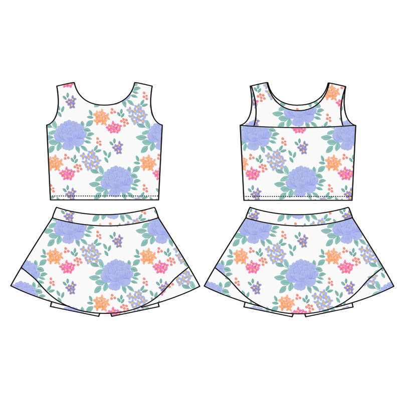 no moq GSD2622 PRE-ORDER baby girl clothes yoga Sleeveless light blue floral top skirt girls activewear set-2025.5.27