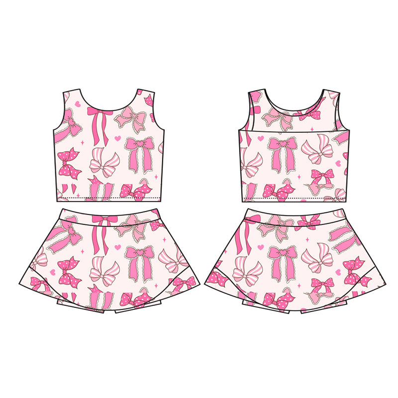 no moq GSD2624 PRE-ORDER baby girl clothes yoga Sleeveless pink bow top skirt girls activewear set-2025.5.27