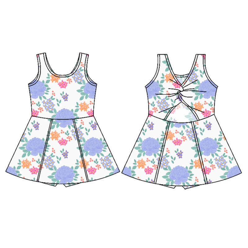 no moq GSD2626 PRE-ORDER baby girl clothes yoga Sleeveless light blue floral kids girls athletic dresses-2025.5.27