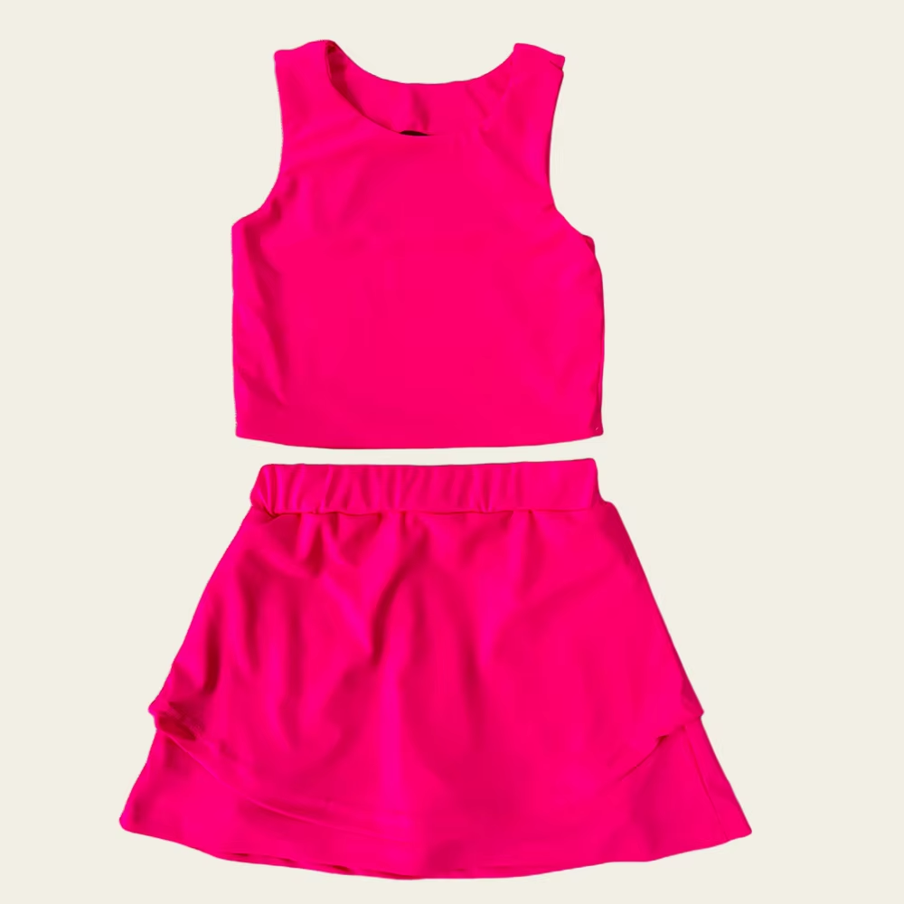 no moq GSD2658 PRE-ORDER baby girl clothes yoga solid rose red sleeveless skirts set-2025.6.2
