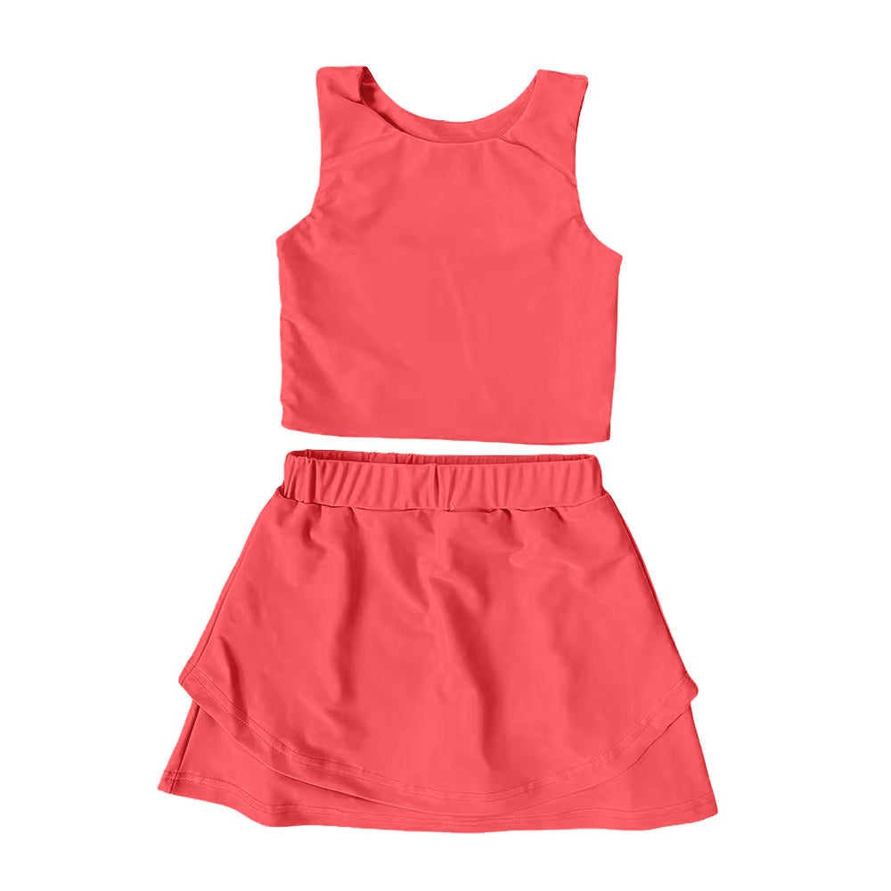 no moq GSD2660 PRE-ORDER baby girl clothes yoga solid Coral Red sleeveless skirts set-2025.6.2