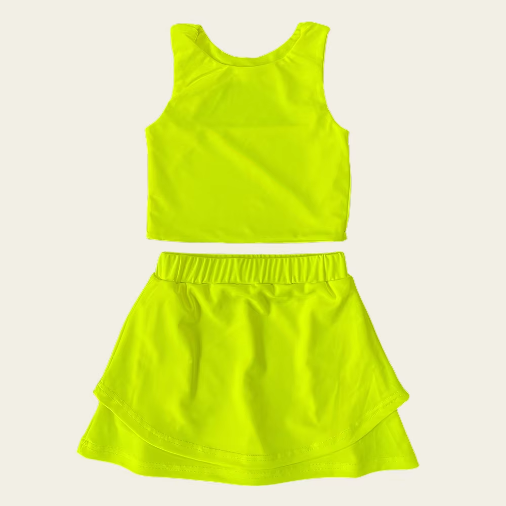 no moq GSD2661 PRE-ORDER baby girl clothes yoga solid yellow green sleeveless skirts set-2025.6.2