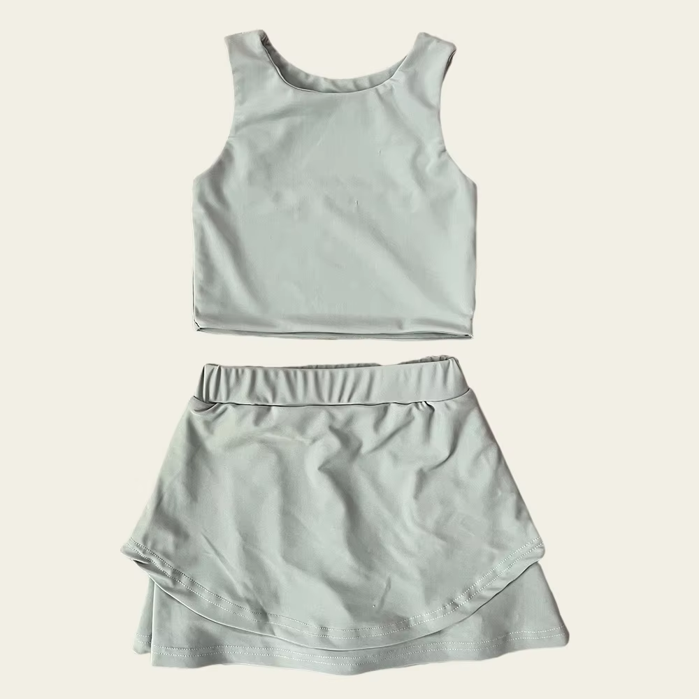 no moq GSD2664 PRE-ORDER baby girl clothes yoga solid Gray Green sleeveless skirts set-2025.6.2