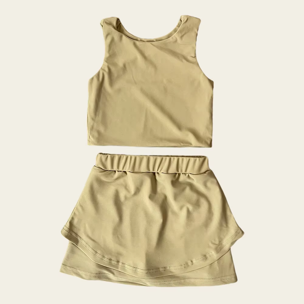 no moq GSD2668 PRE-ORDER baby girl clothes yoga solid khaki sleeveless skirts set-2025.6.2