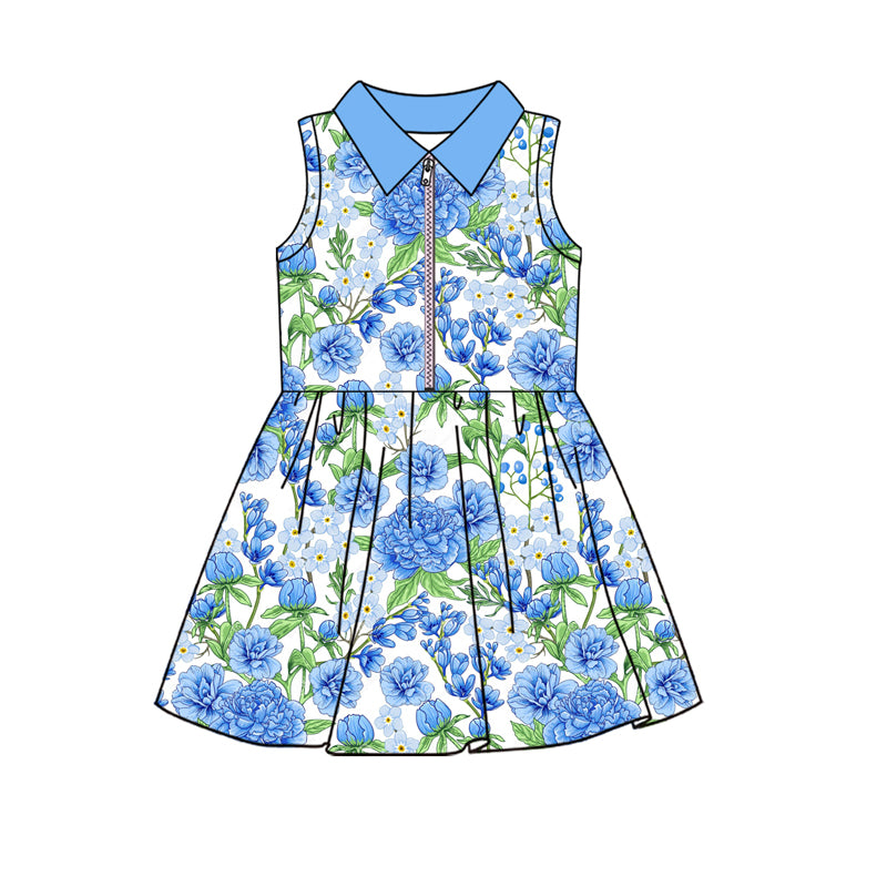 no moq GSD2713 PRE-ORDER baby girl clothes yoga floral blue sleeveless dress-2025.6.16